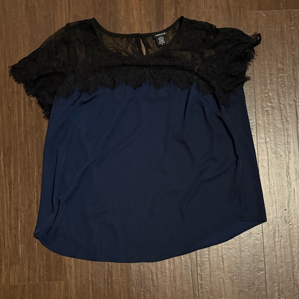 Torrid Black Lace and Navy Faux Silk Blouse